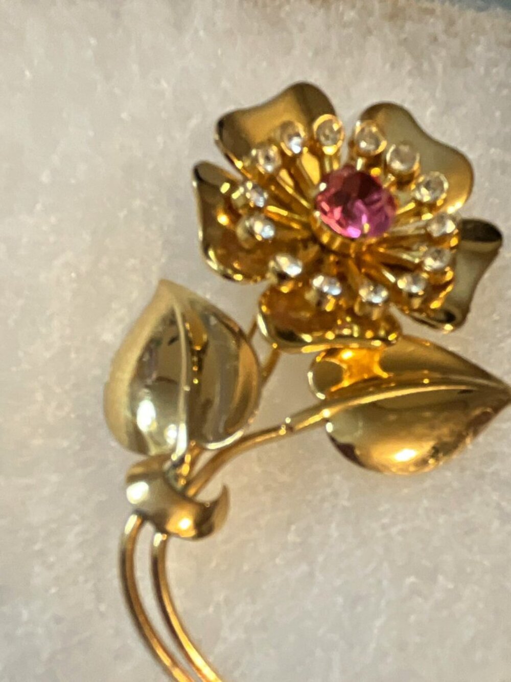 Cora Signed Gold-Tone Flower Brooch Pink Round Rhinestone Center Clear Accents